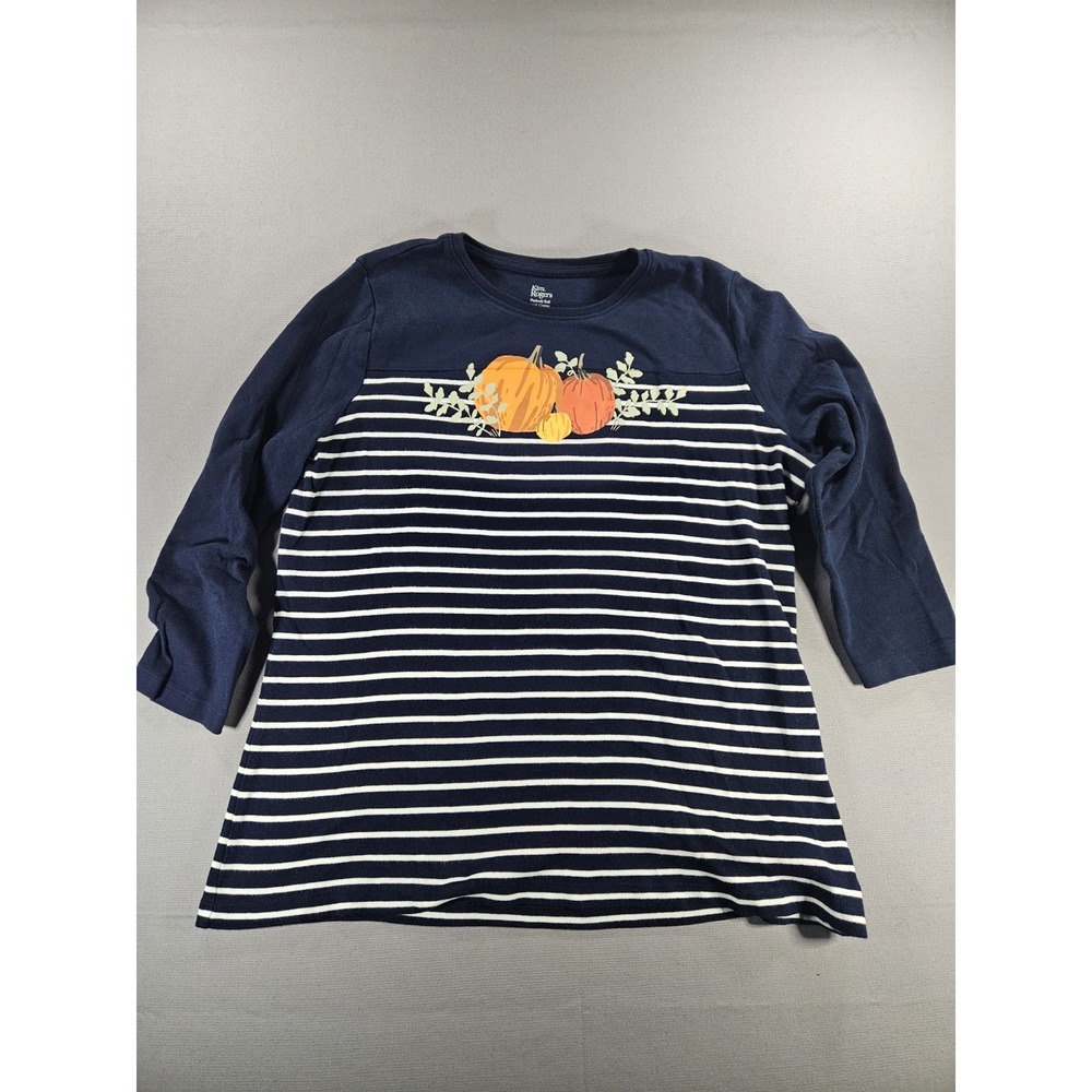 Kim Rogers Pumpkin Graphic Fall Shirt Womens L Navy Blue Striped 3/4 Sleeve Top